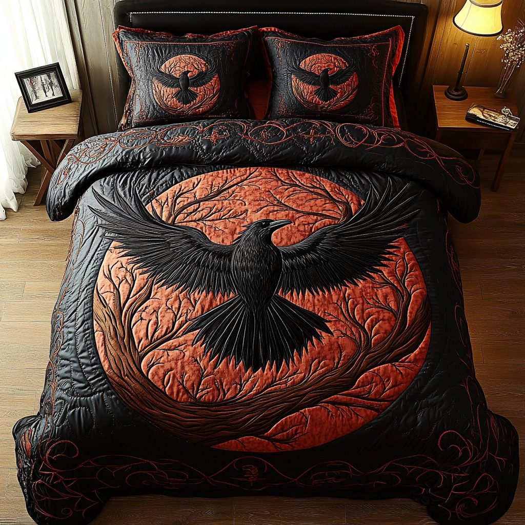 Obsidian Glider quilted 3-piece bedding set on a made bed with two matching pillow shams