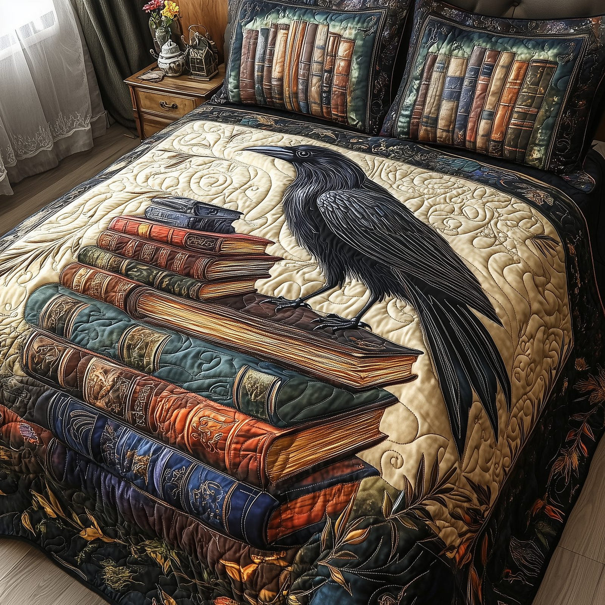 Obsidian Raven quilted 3-piece bedding set on a made bed against a dark styled interior