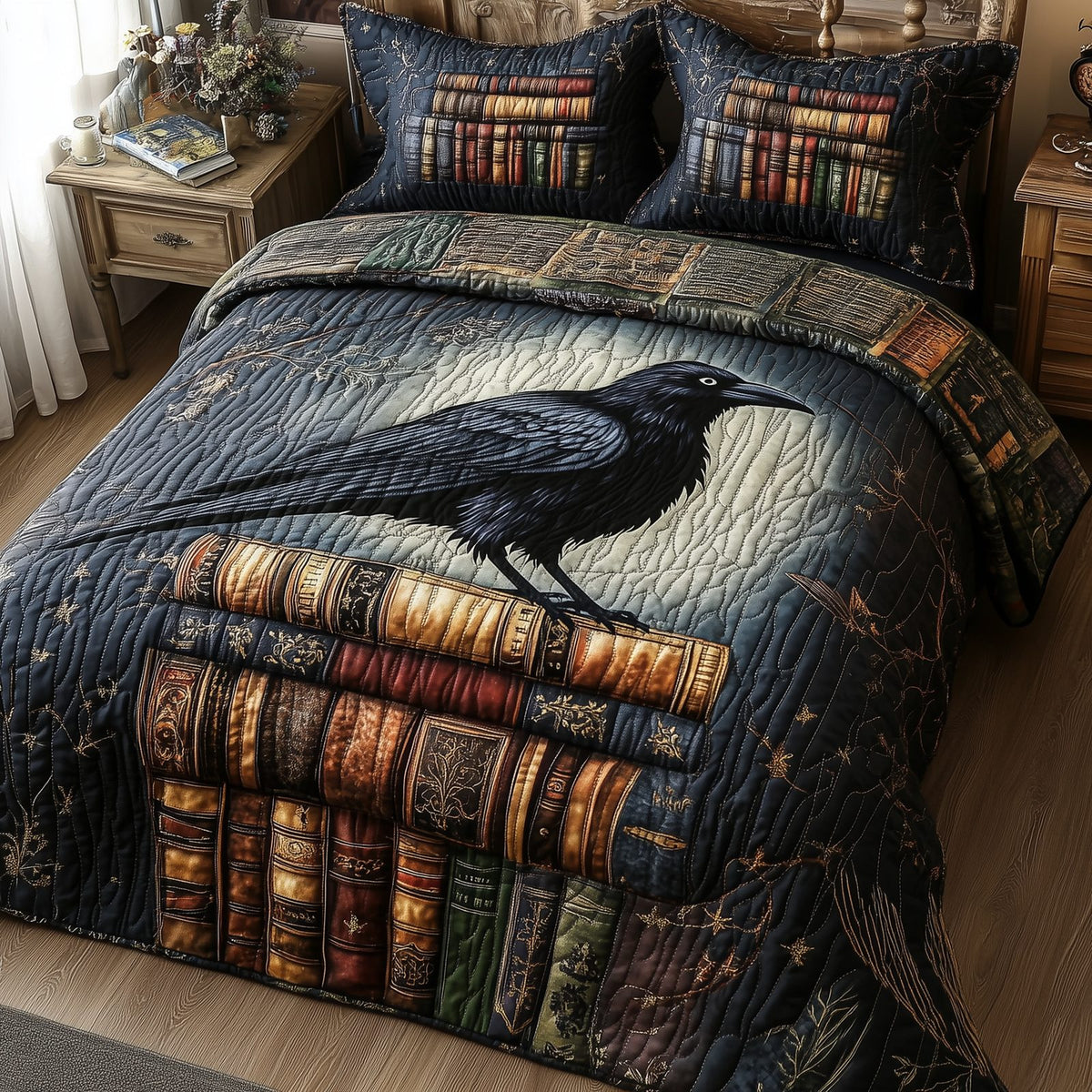 Obsidian Raven quilted 3-piece bedding set on a made bed against a dark styled interior