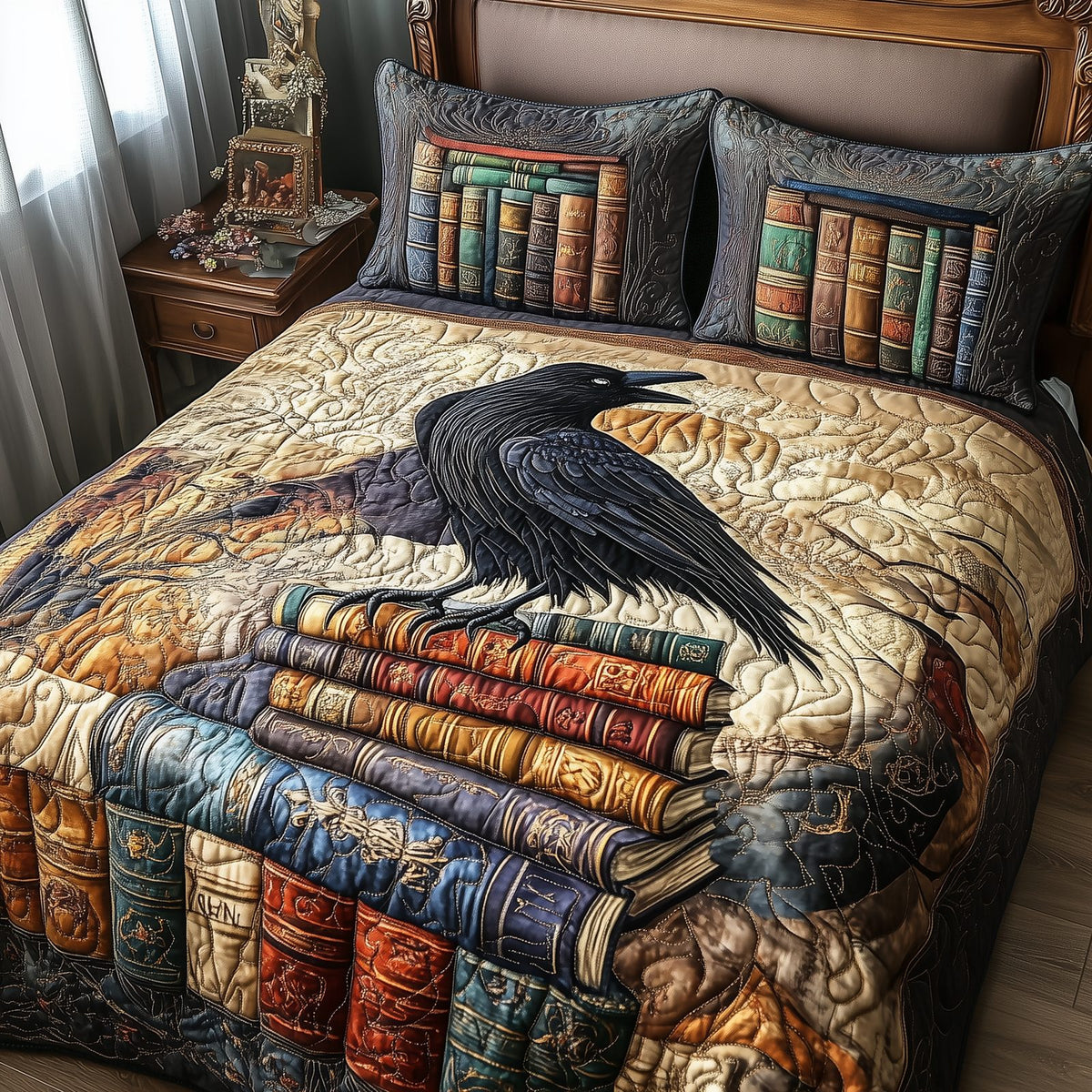 Obsidian Raven quilted 3-piece bedding set on a made bed against a dark styled interior