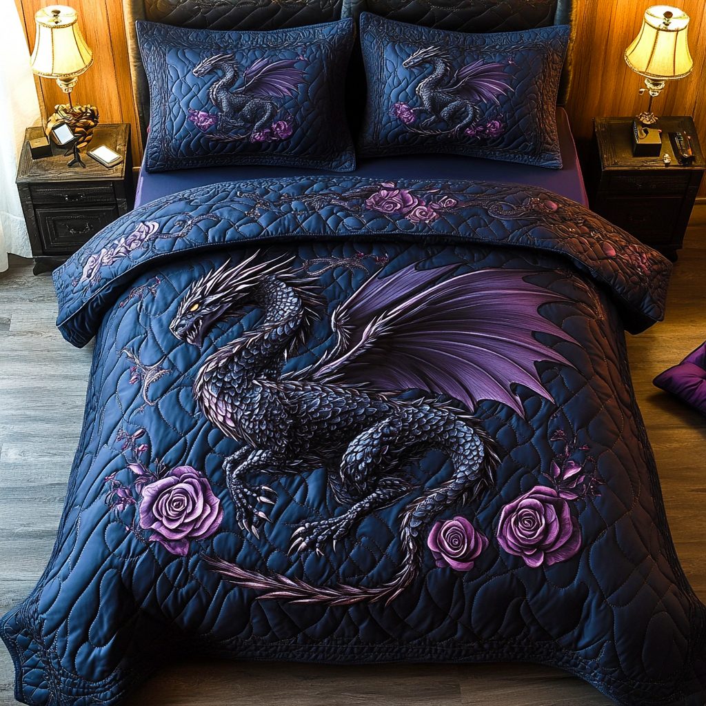 Obsidian Wyrm quilted 3-piece bedding set on a made bed with two matching pillow shams
