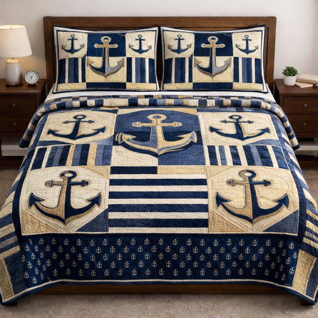 Ocean Anchor quilted 3-piece bedding set on a made bed in a light coastal bedroom