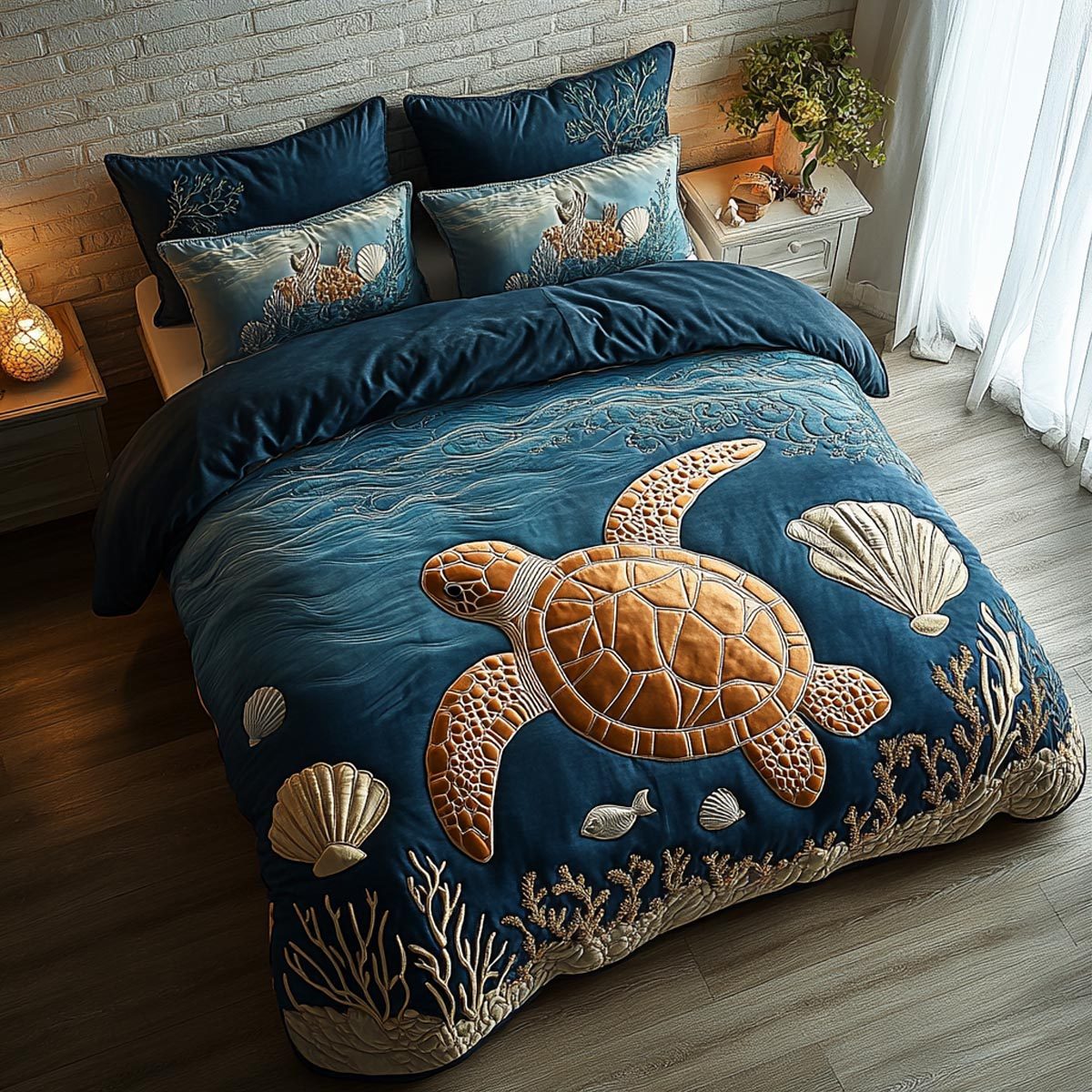 Ocean Balance quilted 3-piece bedding set on a made bed in a light coastal bedroom