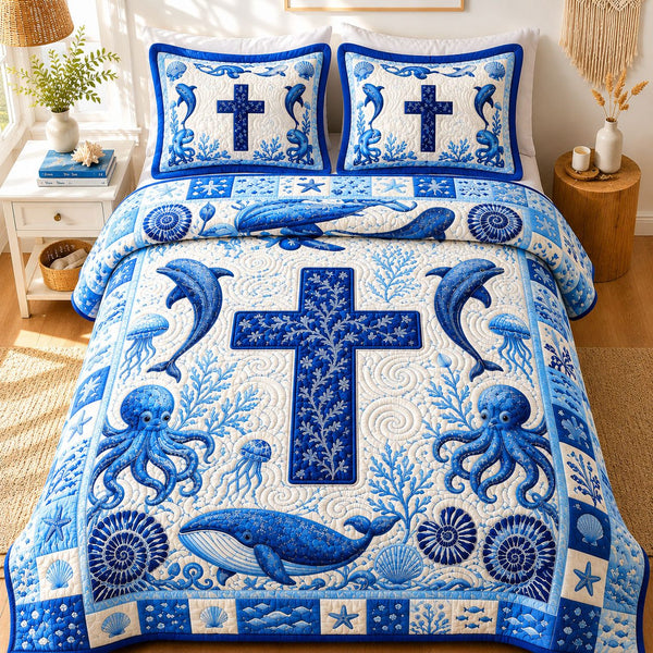 Ocean Bible quilted 3-piece bedding set on a made bed in a softly lit bedroom