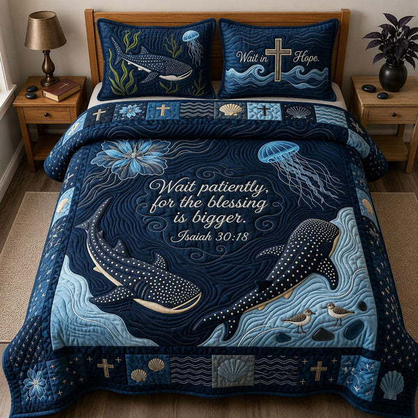 Ocean Bible Quote quilted 3-piece bedding set on a made bed in a softly lit bedroom
