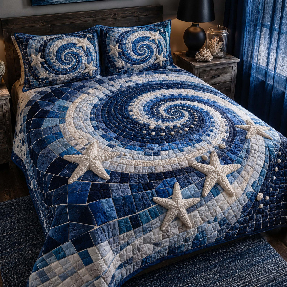 Ocean Bliss quilted 3-piece bedding set on a made bed in a light coastal bedroom