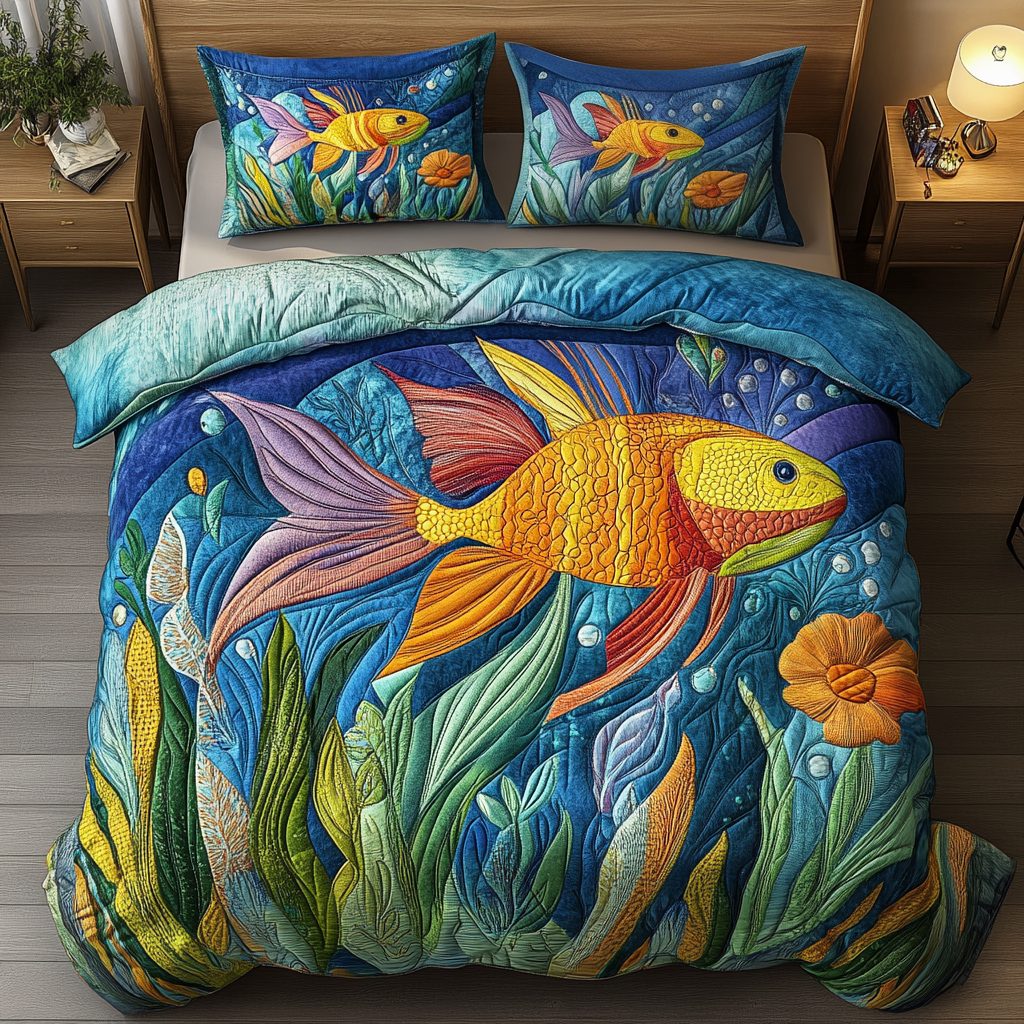 Ocean Bliss quilted 3-piece bedding set on a made bed in a light coastal bedroom