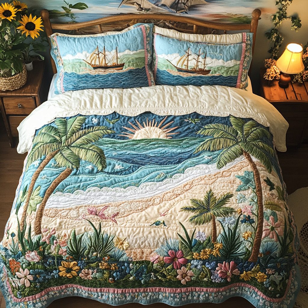 Ocean Bliss quilted 3-piece bedding set on a made bed in a light coastal bedroom