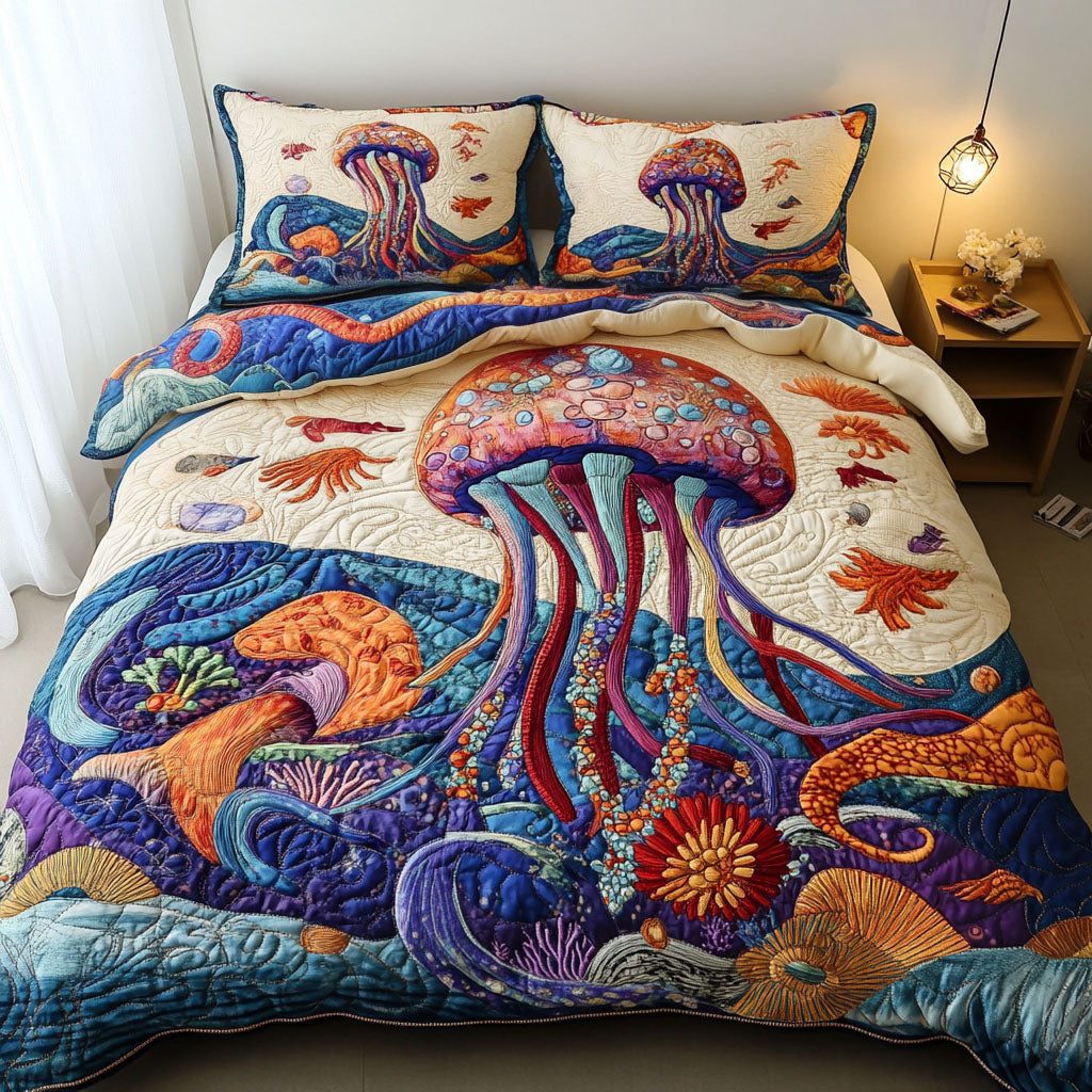 Ocean Bliss Retreat quilted 3-piece bedding set on a made bed in a light coastal bedroom