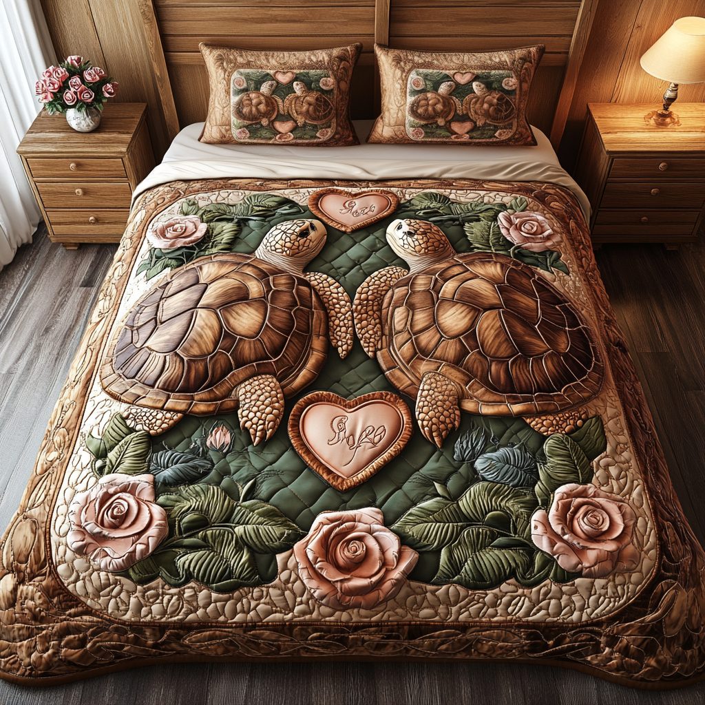 Ocean Bond quilted 3-piece bedding set on a made bed in a light coastal bedroom