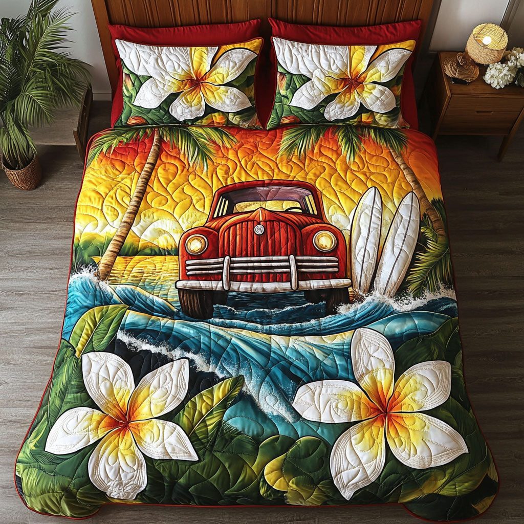 Ocean Breeze Car quilted 3-piece bedding set on a made bed in a light coastal bedroom