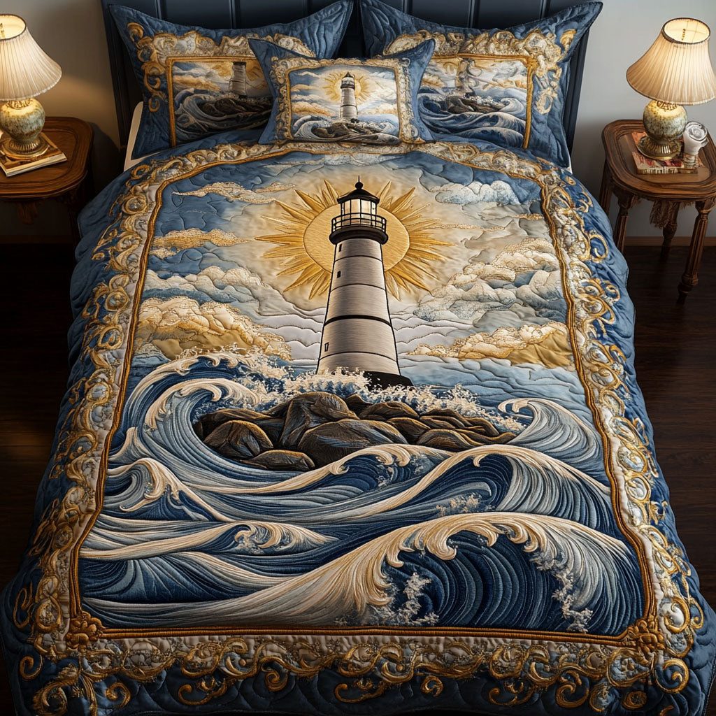 Ocean Breeze Lighthouse quilted 3-piece bedding set on a made bed in a light coastal bedroom