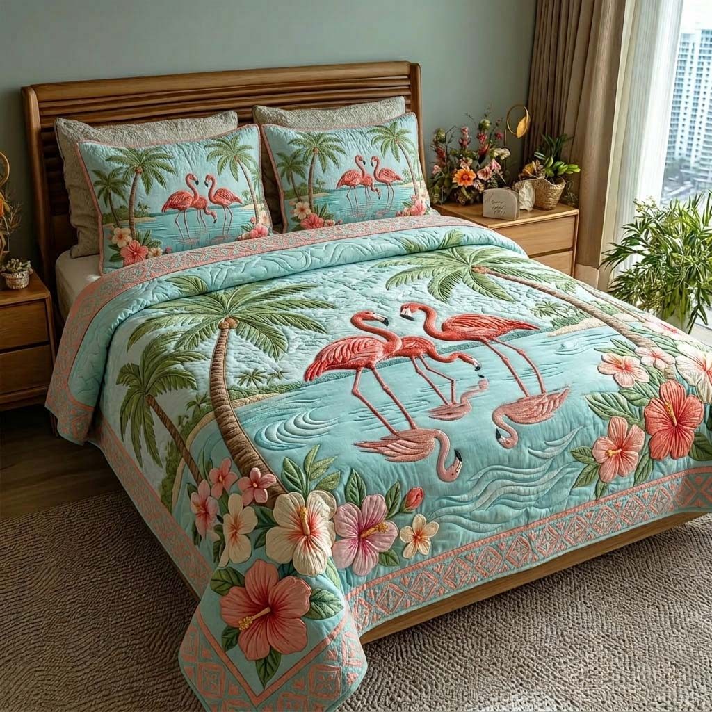 Ocean Breeze Palm quilted 3-piece bedding set on a made bed in a light coastal bedroom
