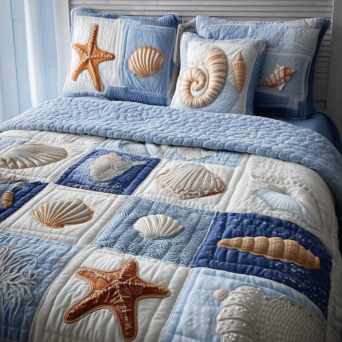 Ocean Breeze quilted 3-piece bedding set on a made bed in a light coastal bedroom