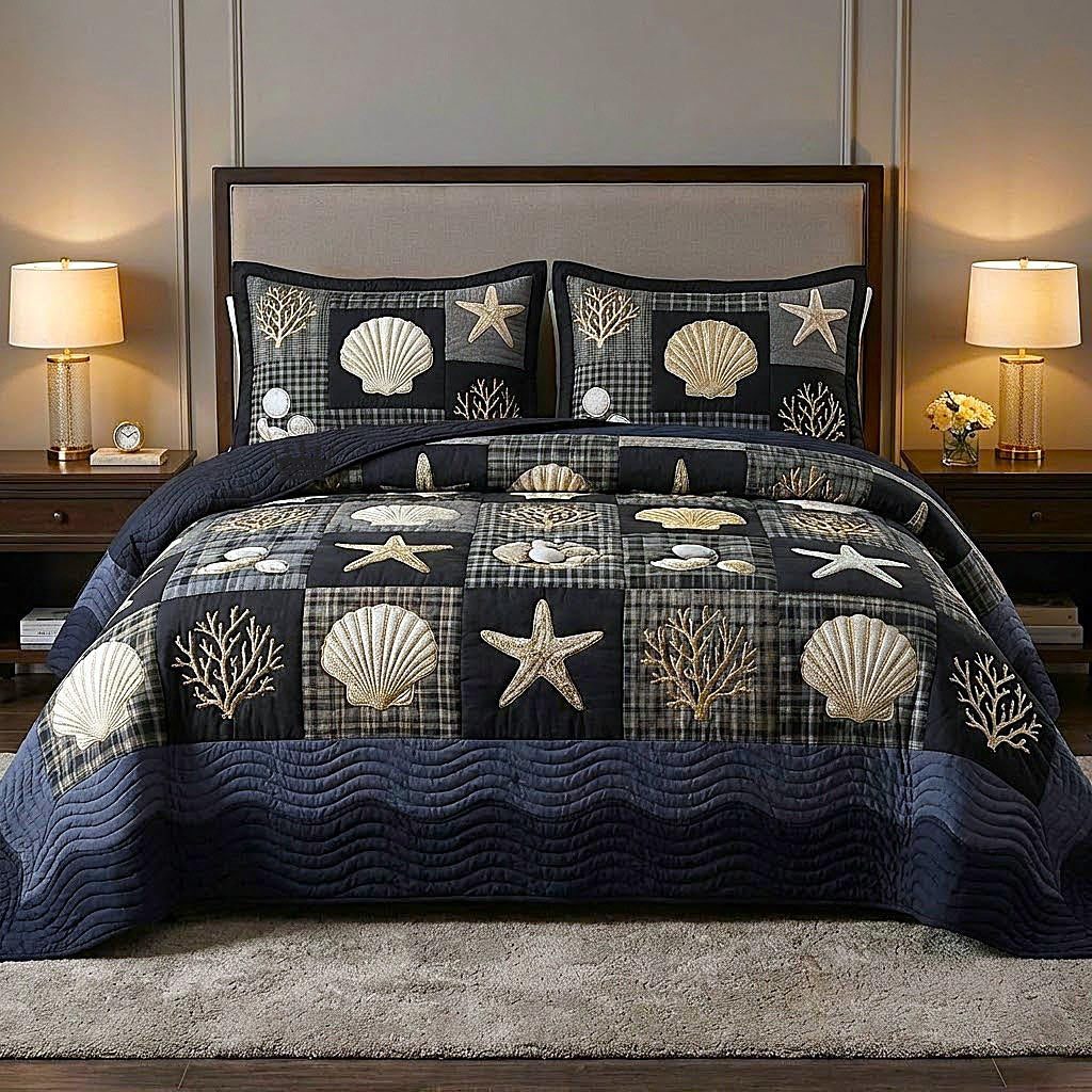Ocean Breeze quilted 3-piece bedding set on a made bed in a light coastal bedroom