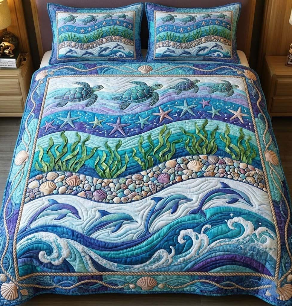 Ocean Breeze quilted 3-piece bedding set on a made bed in a light coastal bedroom