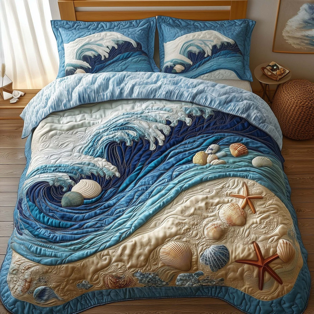 Ocean Breeze quilted 3-piece bedding set on a made bed in a light coastal bedroom
