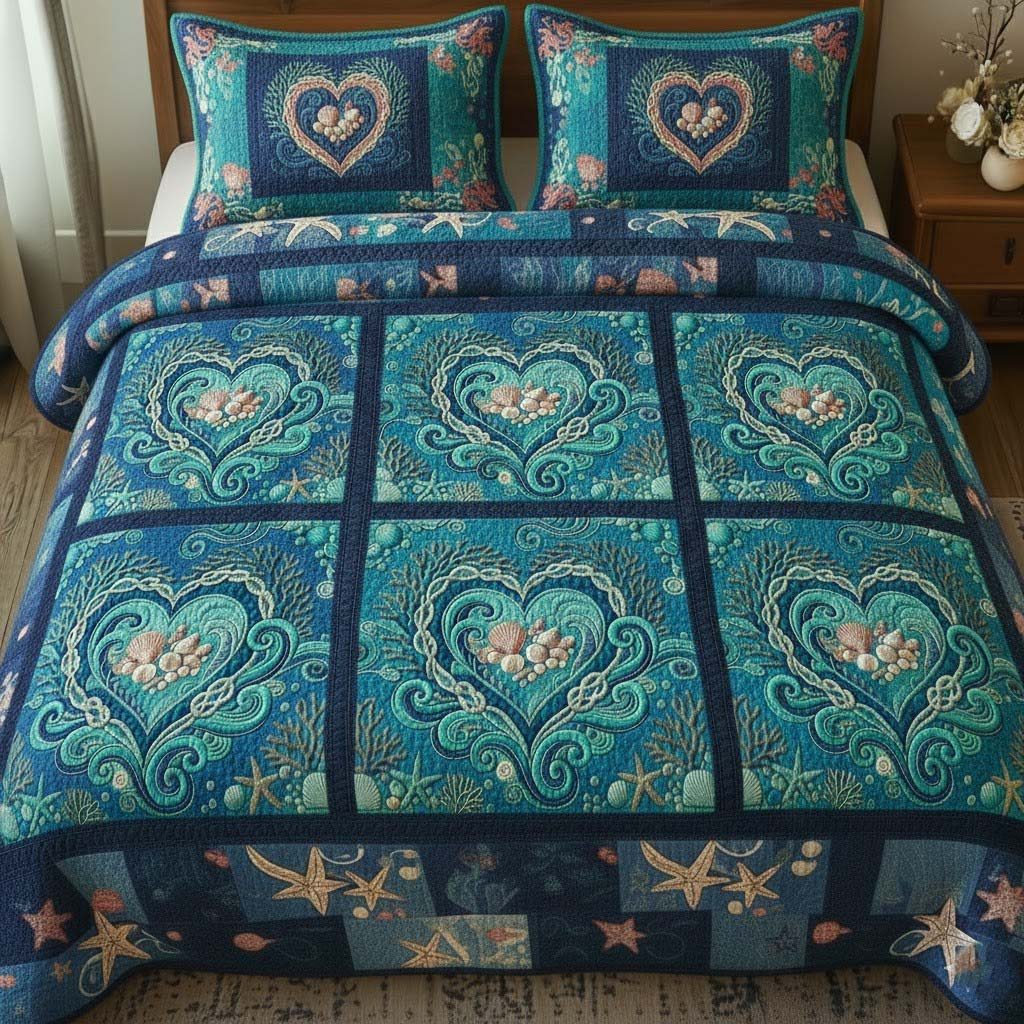 Ocean Breeze quilted 3-piece bedding set on a made bed in a light coastal bedroom