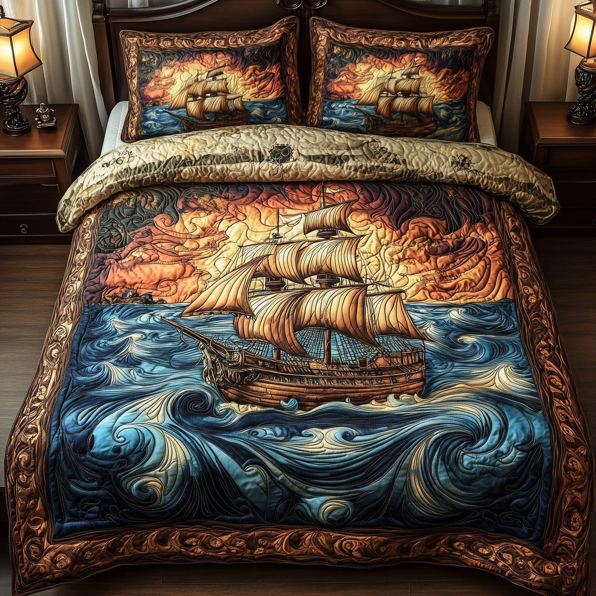 Ocean Breeze quilted 3-piece bedding set on a made bed in a light coastal bedroom