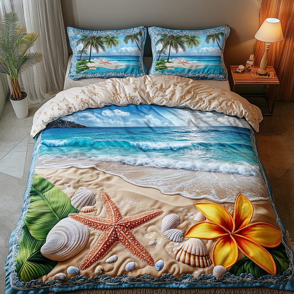 Ocean Breeze quilted 3-piece bedding set on a made bed in a light coastal bedroom