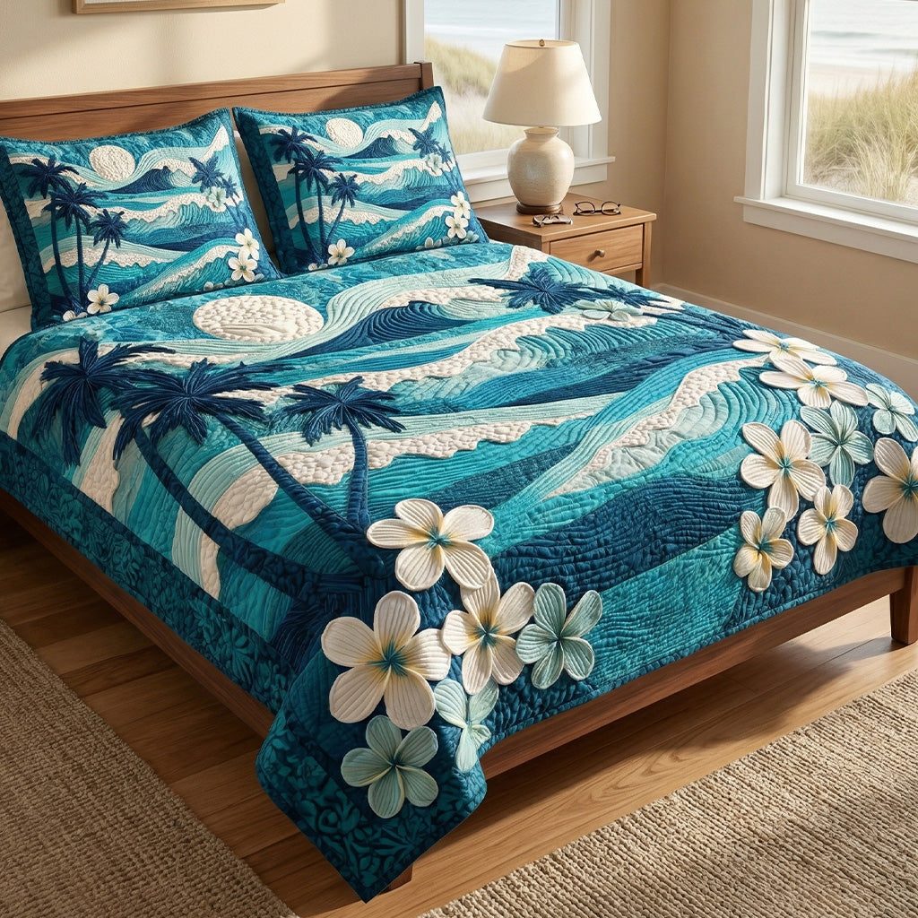 Ocean Breeze quilted 3-piece bedding set on a made bed in a light coastal bedroom