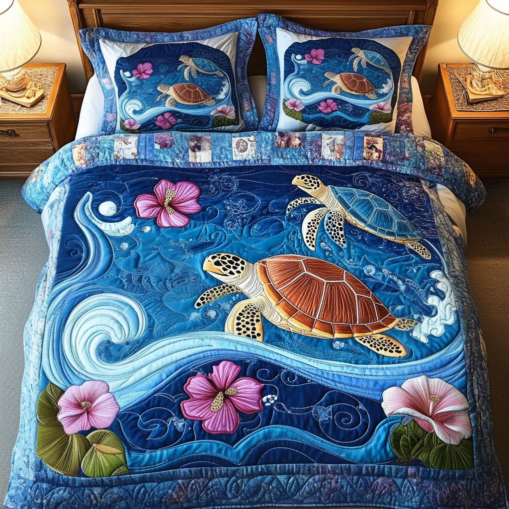 Ocean Breeze quilted 3-piece bedding set on a made bed in a light coastal bedroom