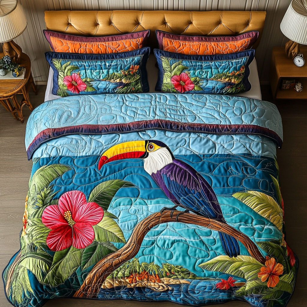 Ocean Breeze quilted 3-piece bedding set on a made bed in a light coastal bedroom
