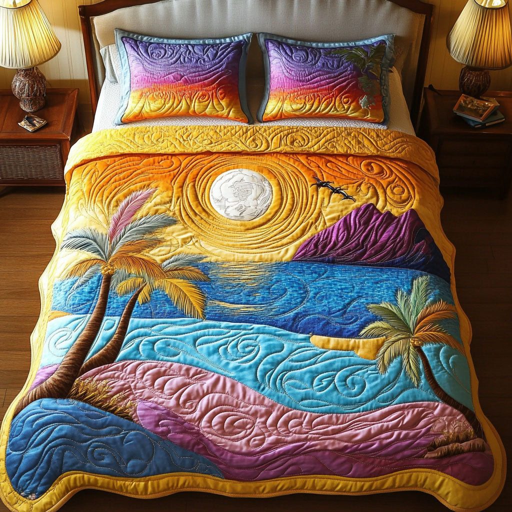 Ocean Breeze quilted 3-piece bedding set on a made bed in a light coastal bedroom