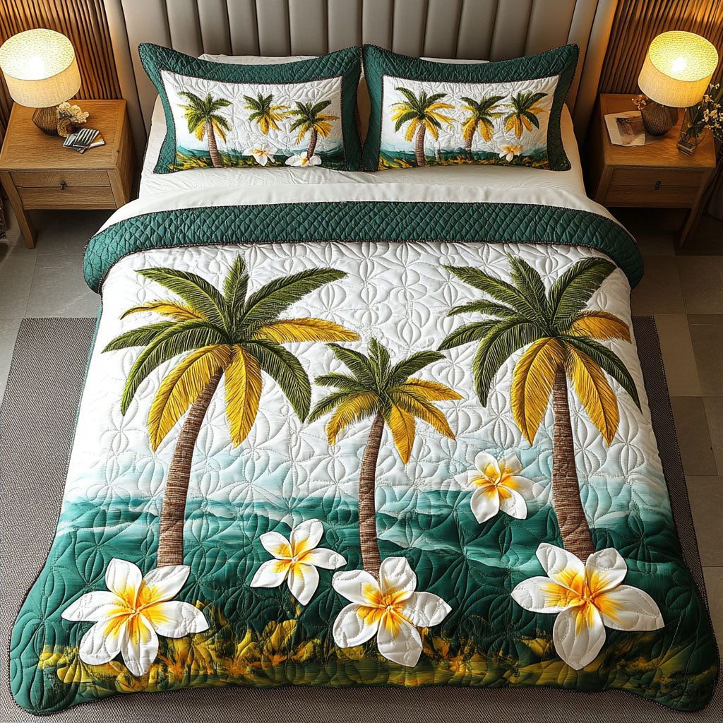 Ocean Breeze quilted 3-piece bedding set on a made bed in a light coastal bedroom