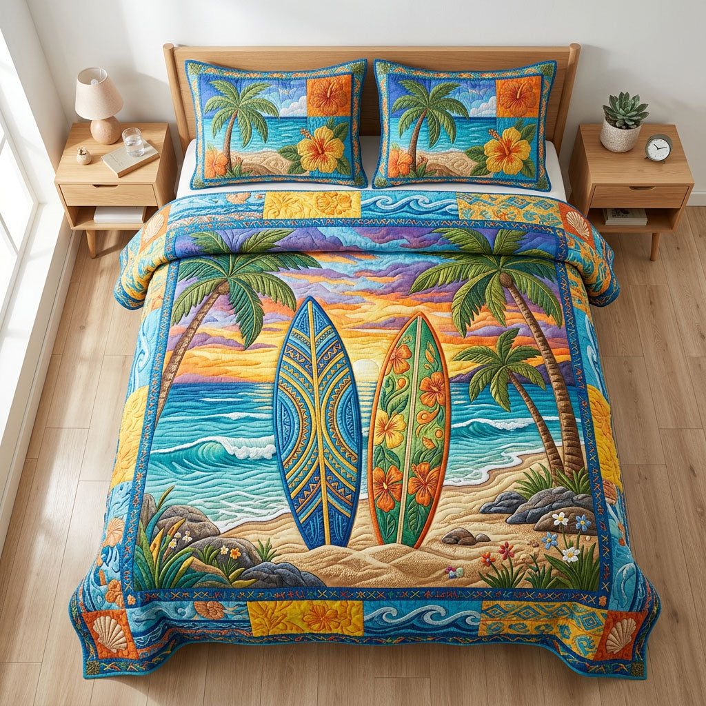 Ocean Breeze quilted 3-piece bedding set on a made bed in a light coastal bedroom