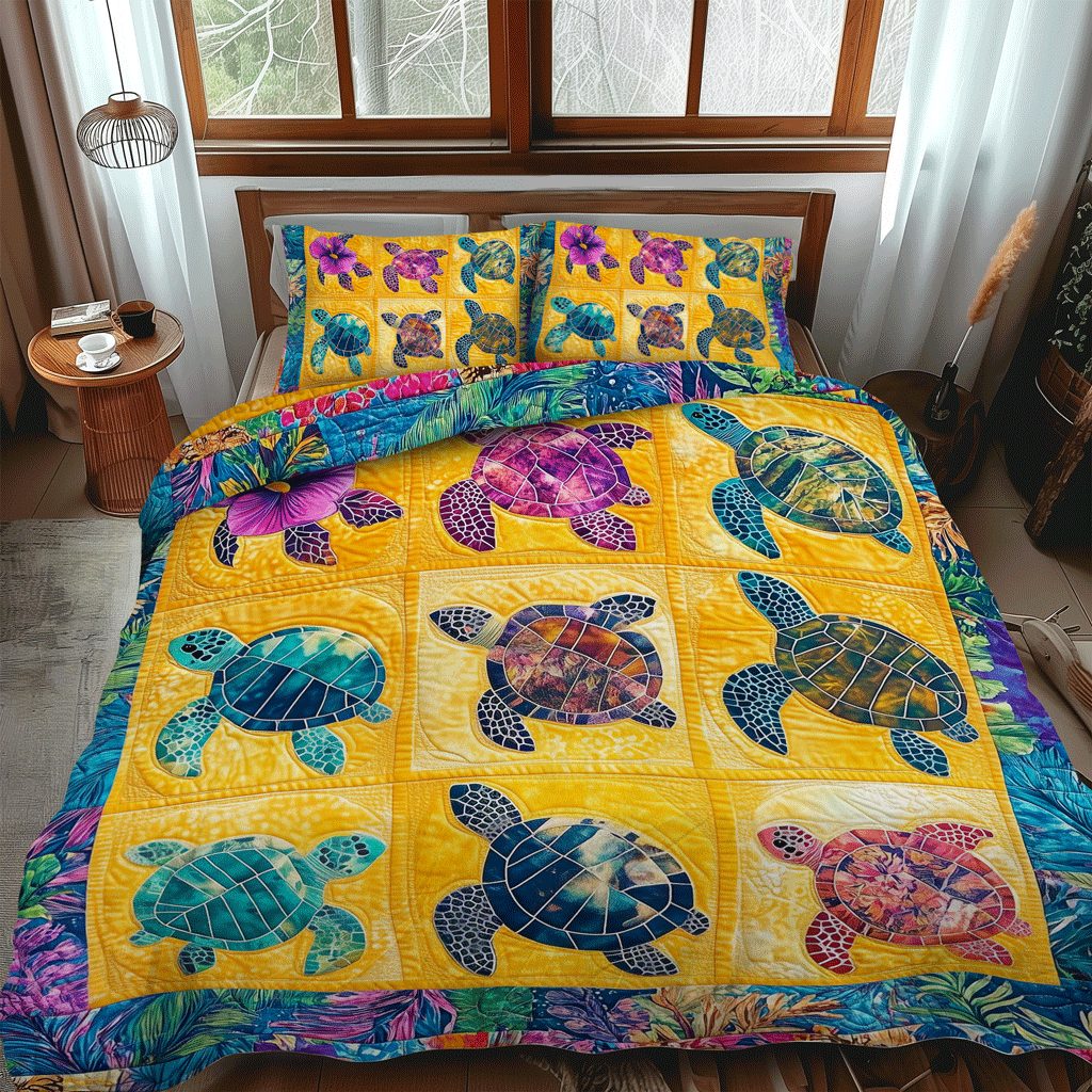 Ocean Breeze quilted 3-piece bedding set on a made bed in a light coastal bedroom