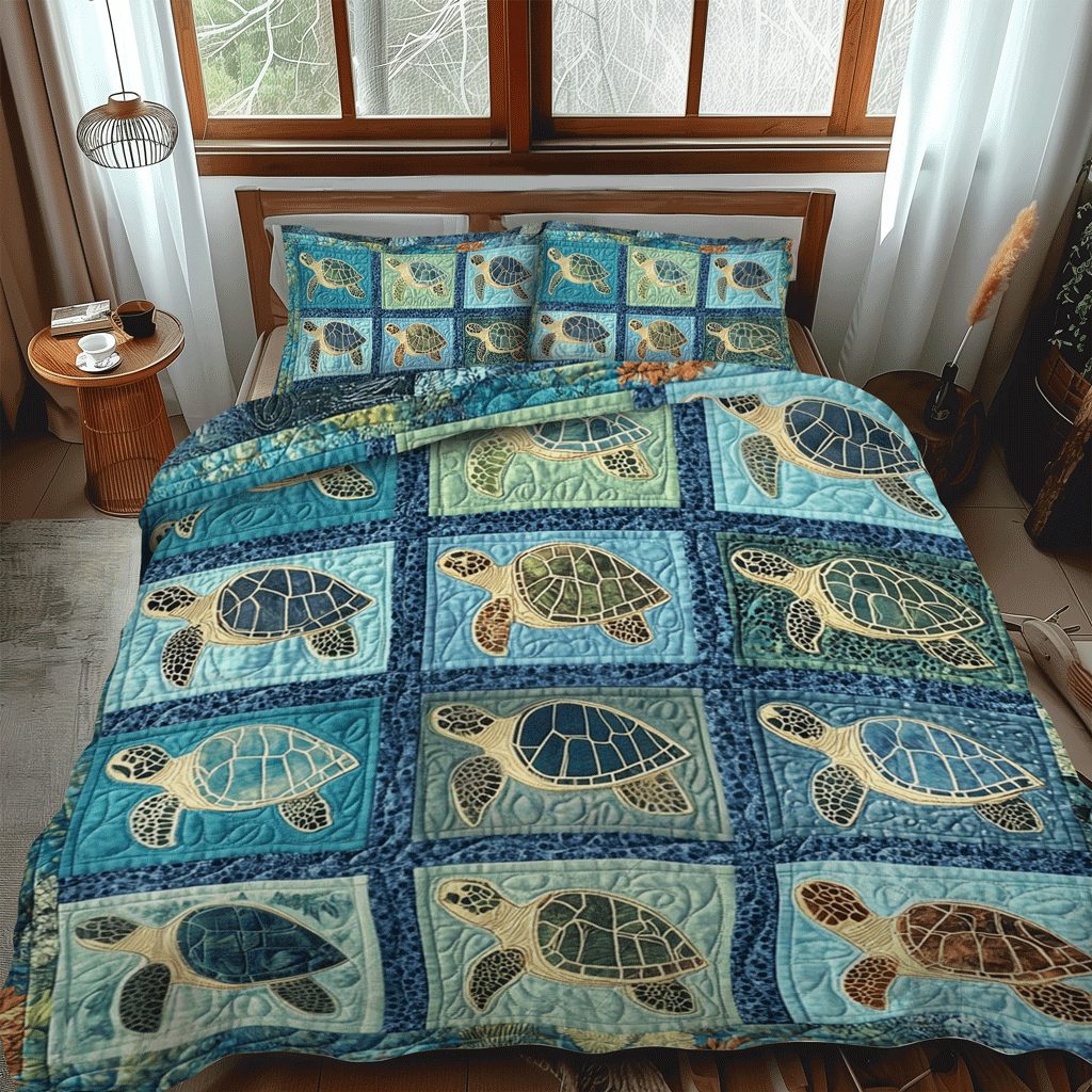 Ocean Breeze quilted 3-piece bedding set on a made bed in a light coastal bedroom
