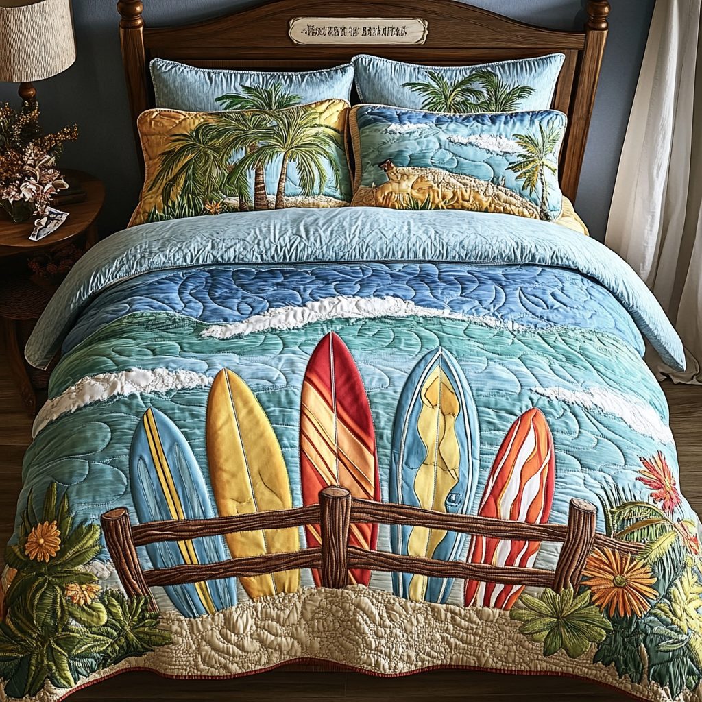 Ocean Breeze quilted 3-piece bedding set on a made bed in a light coastal bedroom