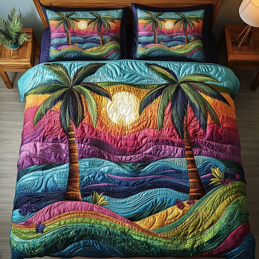 Ocean Breeze quilted 3-piece bedding set on a made bed in a light coastal bedroom