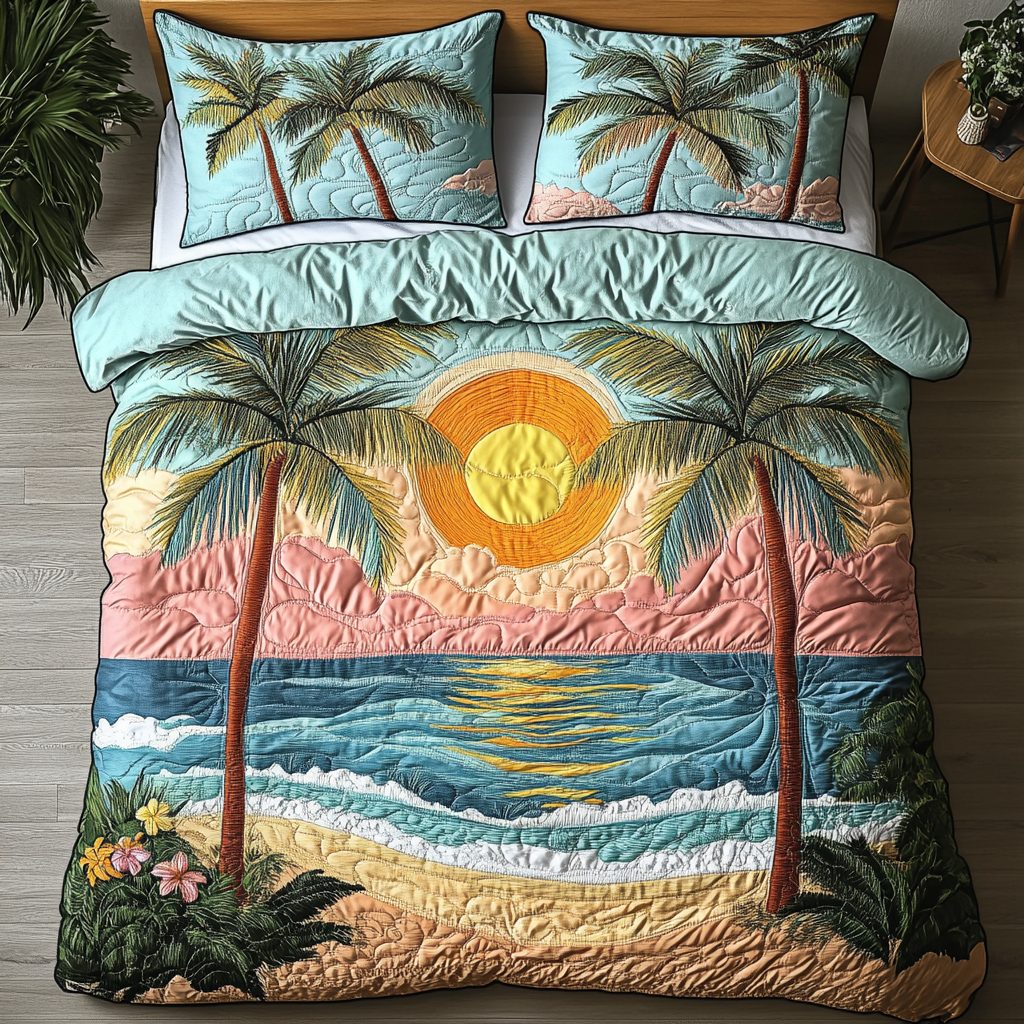Ocean Breeze quilted 3-piece bedding set on a made bed in a light coastal bedroom