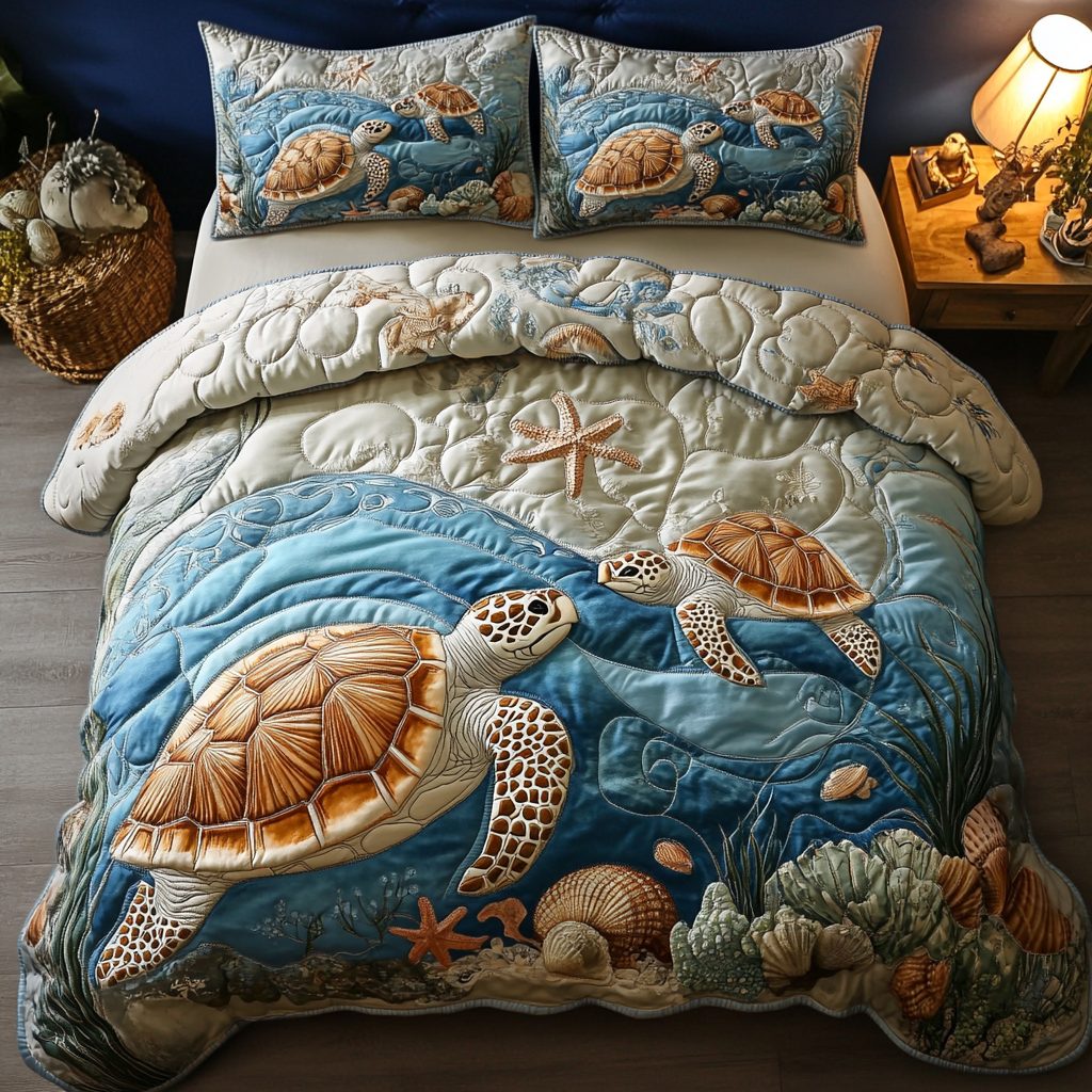 Ocean Breeze quilted 3-piece bedding set on a made bed in a light coastal bedroom