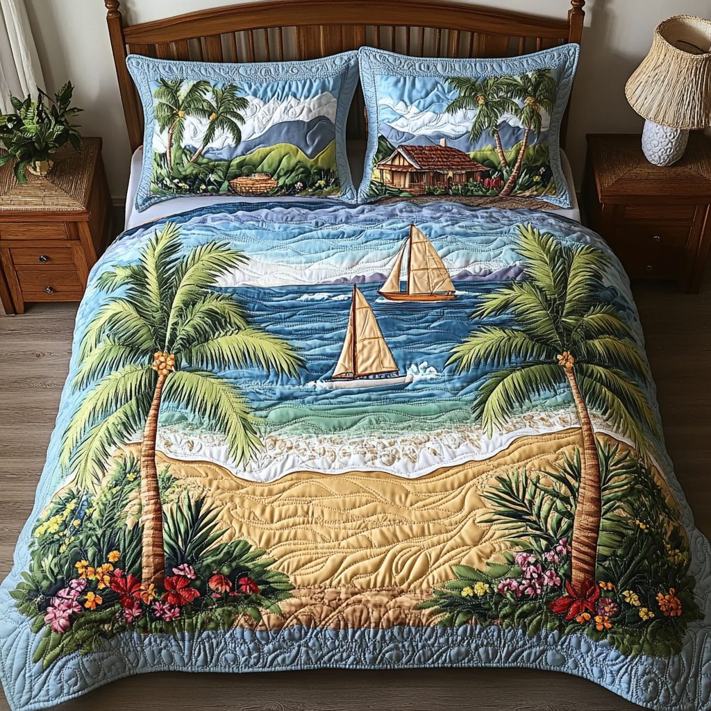 Ocean Breeze quilted 3-piece bedding set on a made bed in a light coastal bedroom