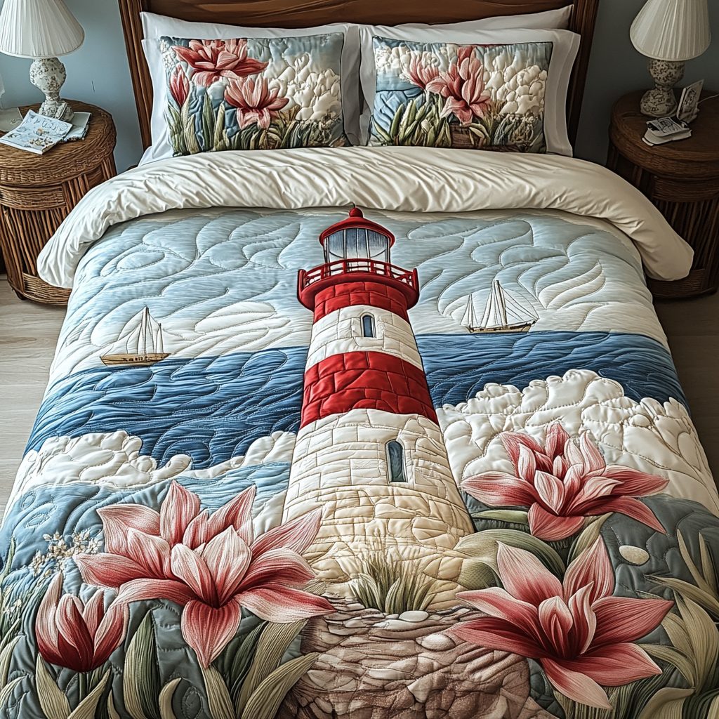 Ocean Breeze quilted 3-piece bedding set on a made bed in a light coastal bedroom