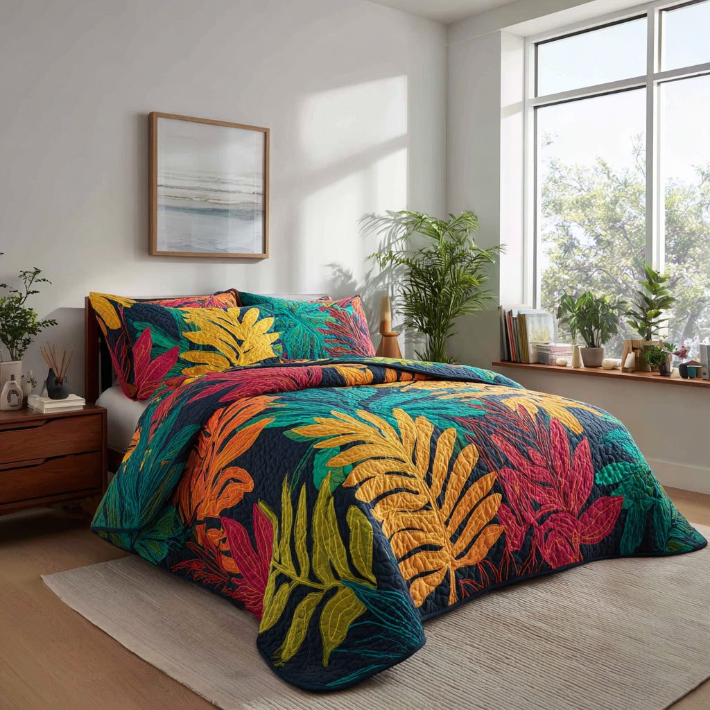 Ocean Breeze quilted 3-piece bedding set on a made bed in a light coastal bedroom