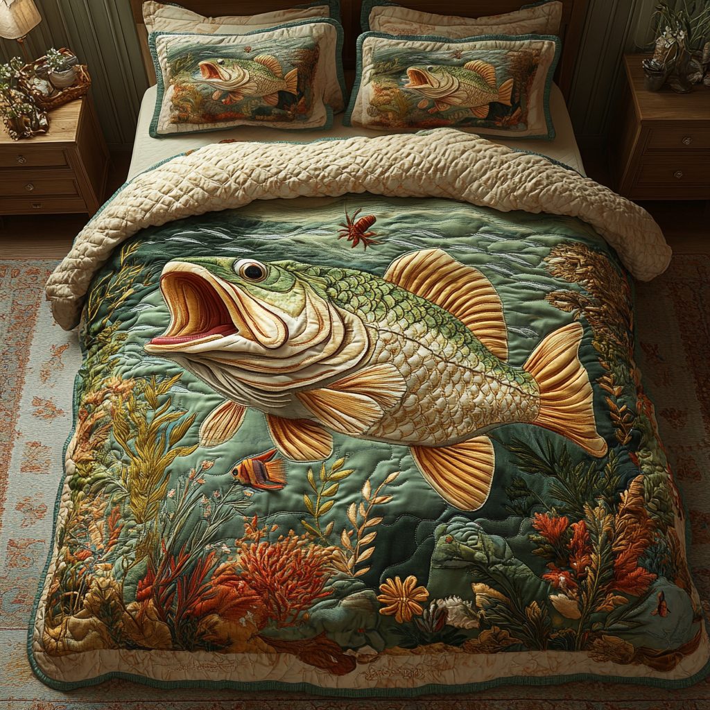 Ocean Call quilted 3-piece bedding set on a made bed in a light coastal bedroom