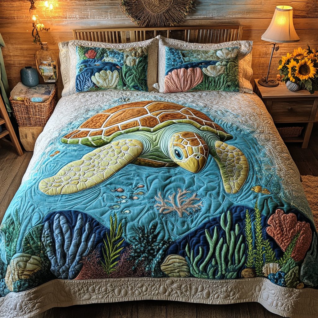 Ocean Calm quilted 3-piece bedding set on a made bed in a light coastal bedroom