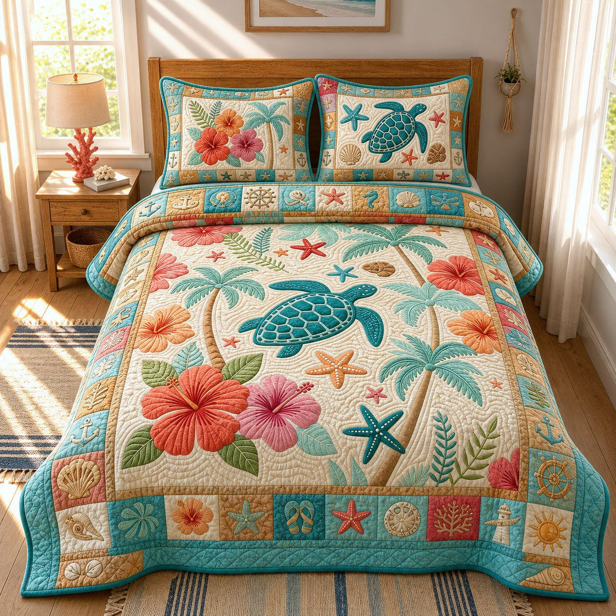 Ocean Creatures quilted 3-piece bedding set on a made bed in a light coastal bedroom