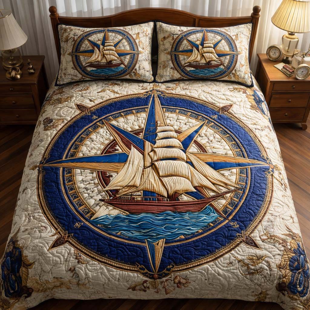 Ocean Crown quilted 3-piece bedding set on a made bed in a light coastal bedroom