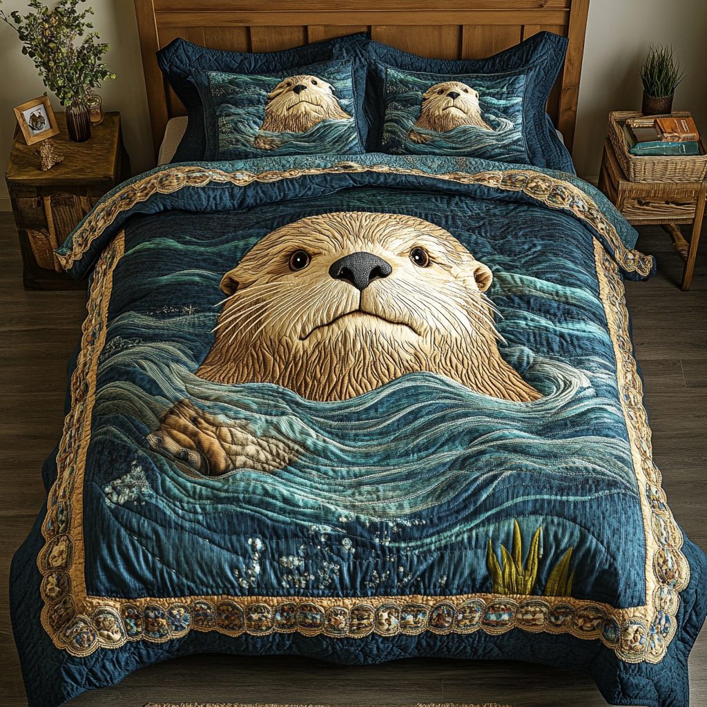 Ocean Cuddles quilted 3-piece bedding set on a made bed in a light coastal bedroom