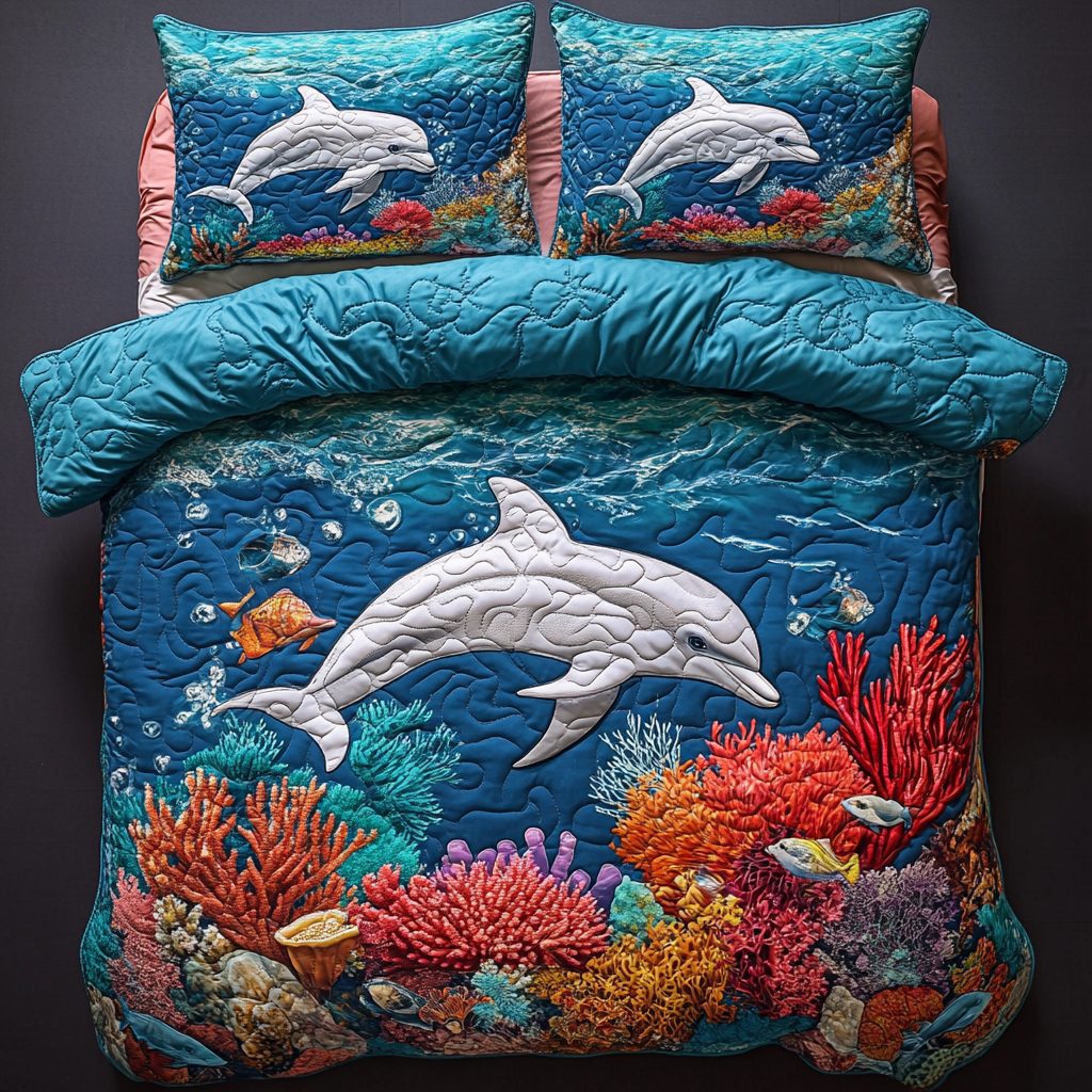 Ocean Dance quilted 3-piece bedding set on a made bed in a light coastal bedroom