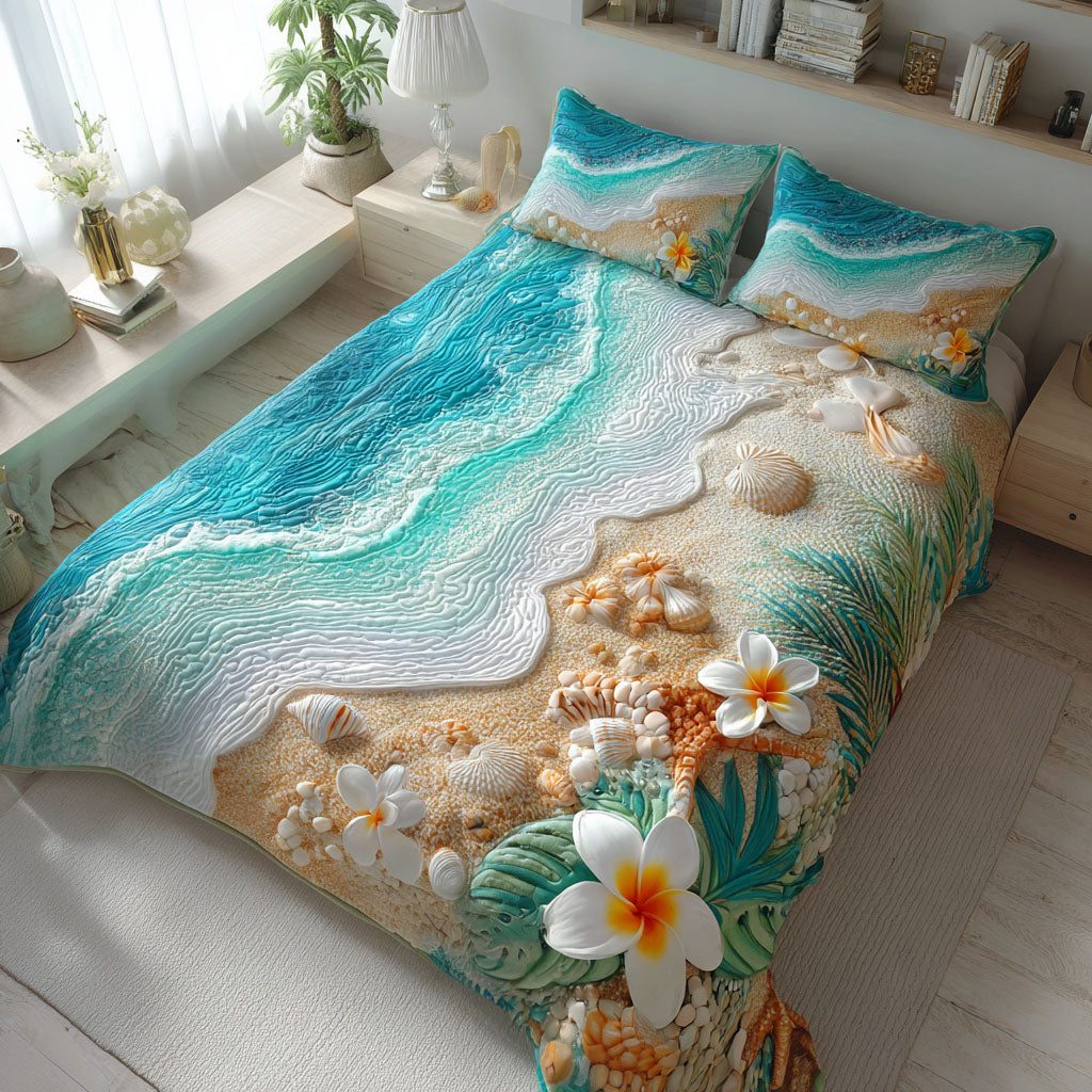 Ocean Dream quilted 3-piece bedding set on a made bed in a light coastal bedroom
