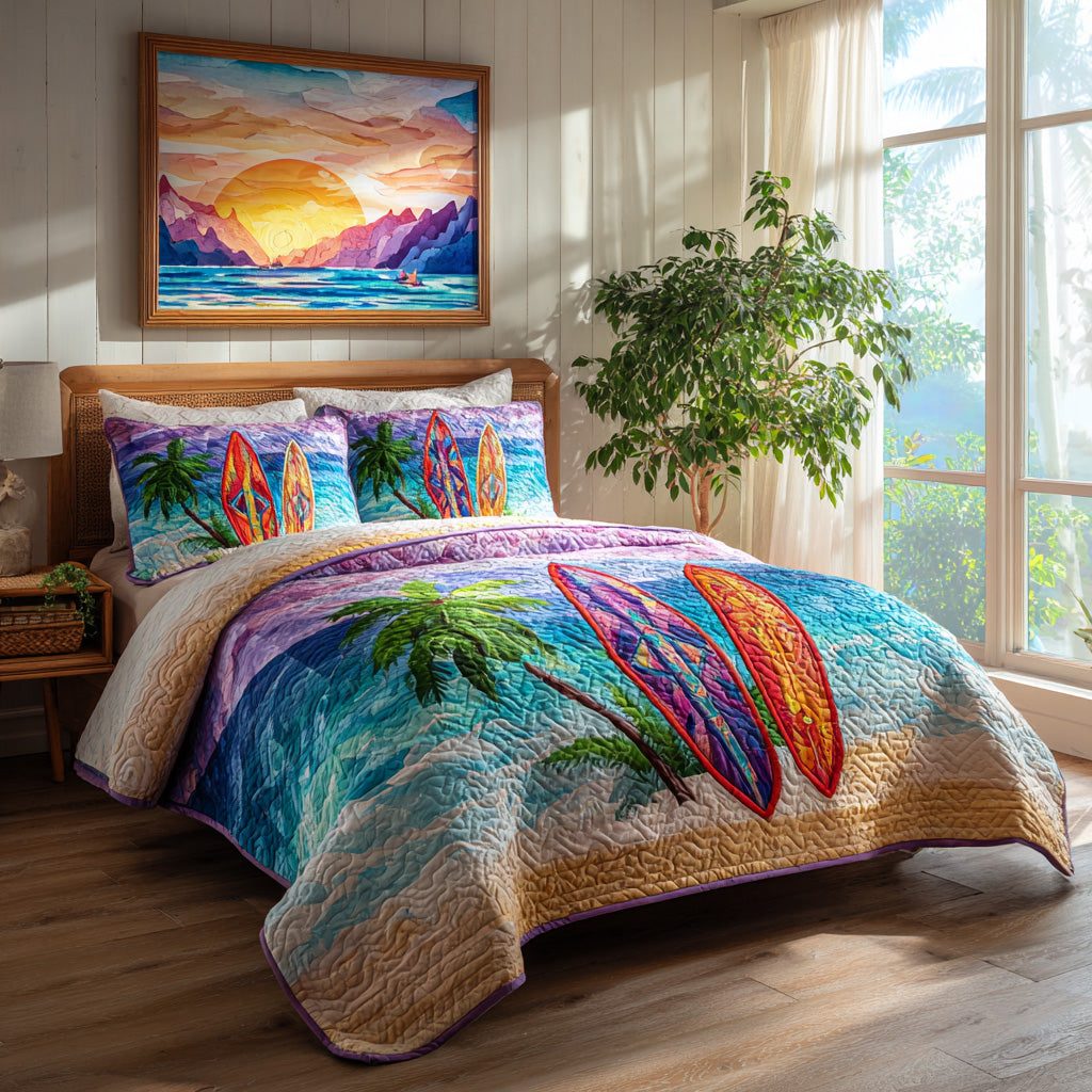 Ocean Drift quilted 3-piece bedding set on a made bed in a light coastal bedroom