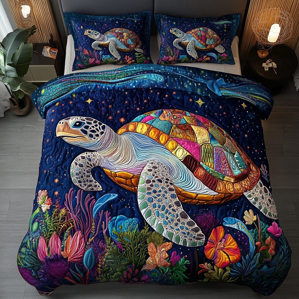 Ocean Drifter quilted 3-piece bedding set on a made bed in a light coastal bedroom