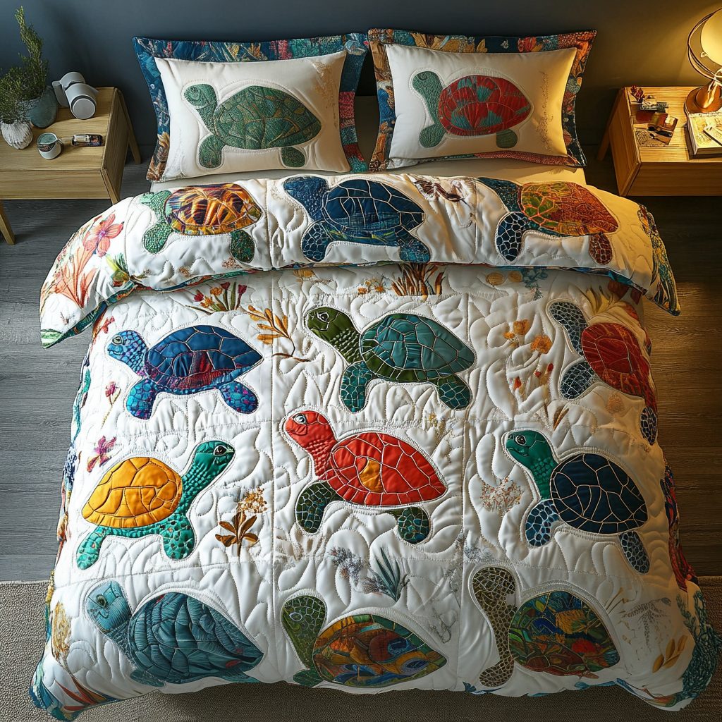 Ocean Drifters quilted 3-piece bedding set on a made bed in a light coastal bedroom