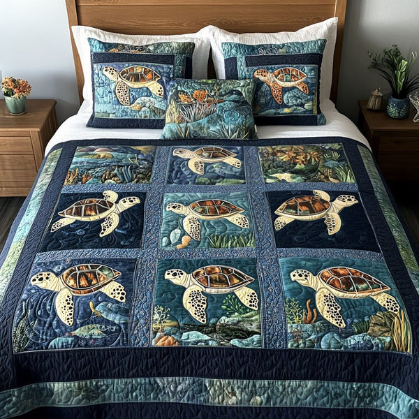 Ocean Embrace quilted 3-piece bedding set on a made bed in a light coastal bedroom